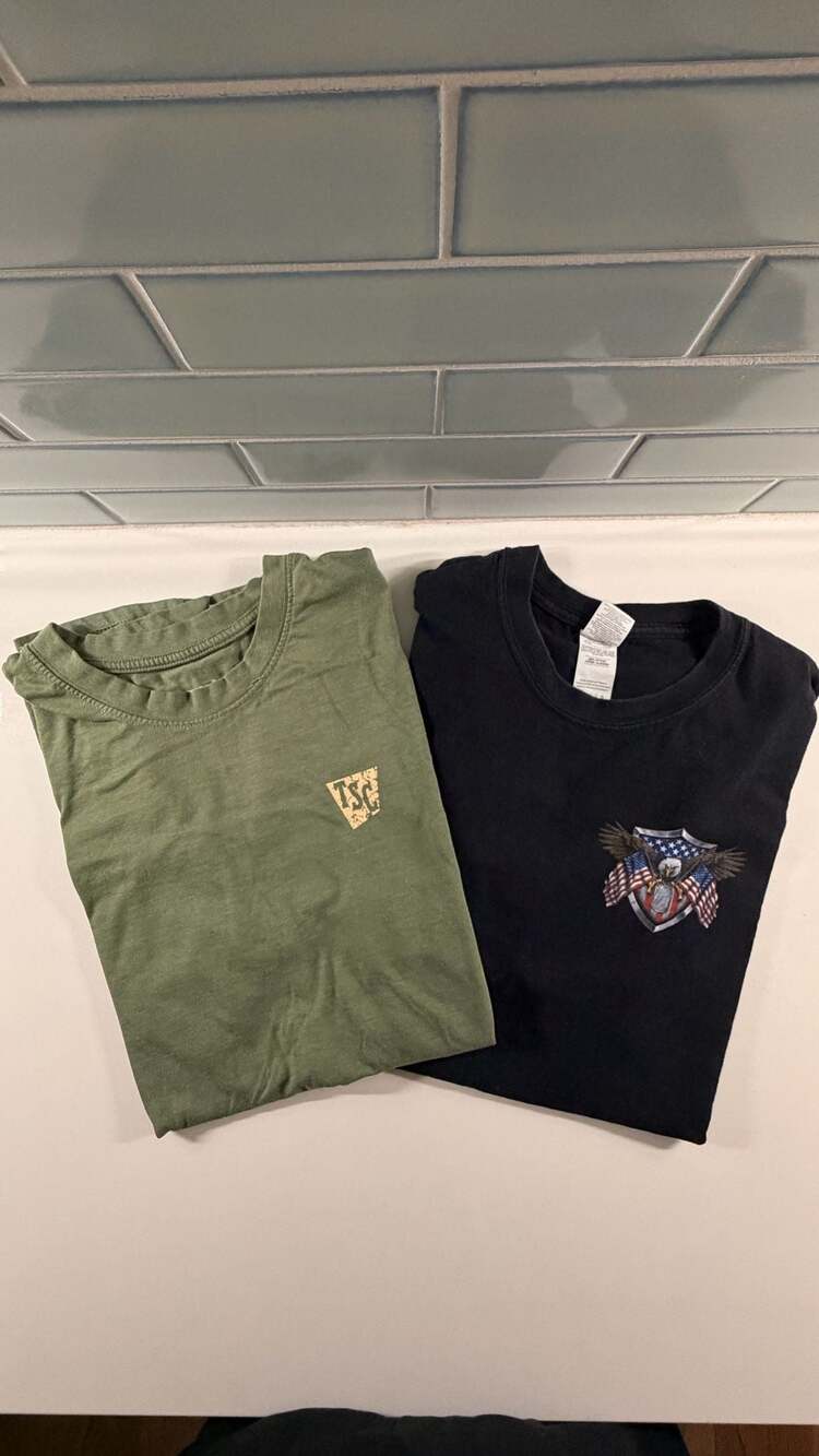 Two tshirts: Tractor Supply Co. and Home of the Free Because of the Brave -Large